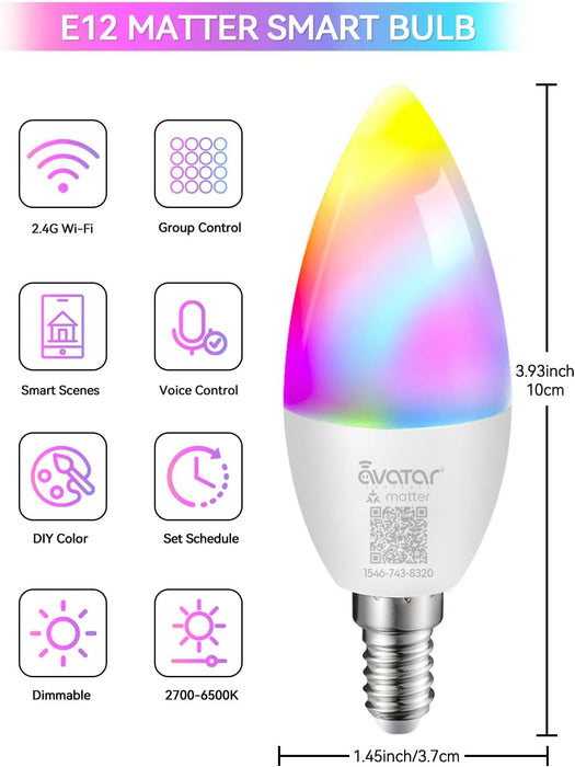 E12 Smart Candelabra Light Bulbs Matter-enabled Compatible with Apple Home/Amazon Alexa/Google Home