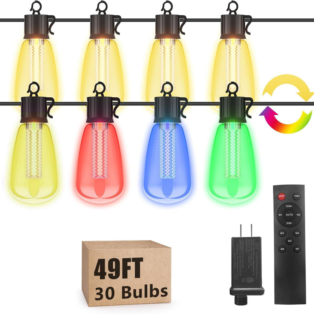 Outdoor String Lights with Remote 49FT/30Bulbs