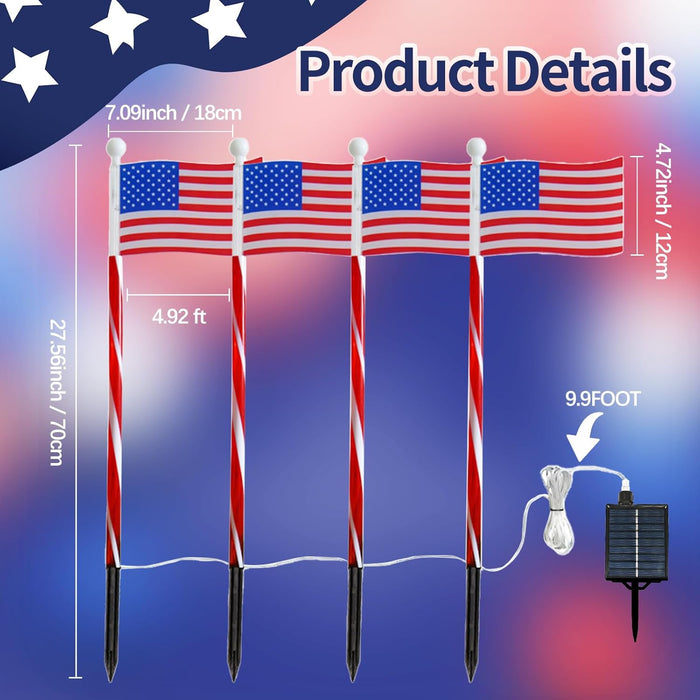 Outdoor Solar American Flag Pathway Lights Set of 4