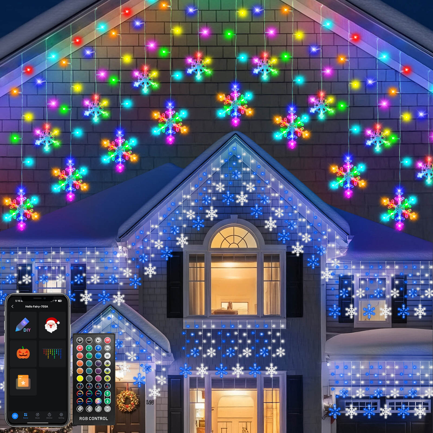 Smart Christmas Snowflake Icicle Lights, APP Remote Control 16 Million ...