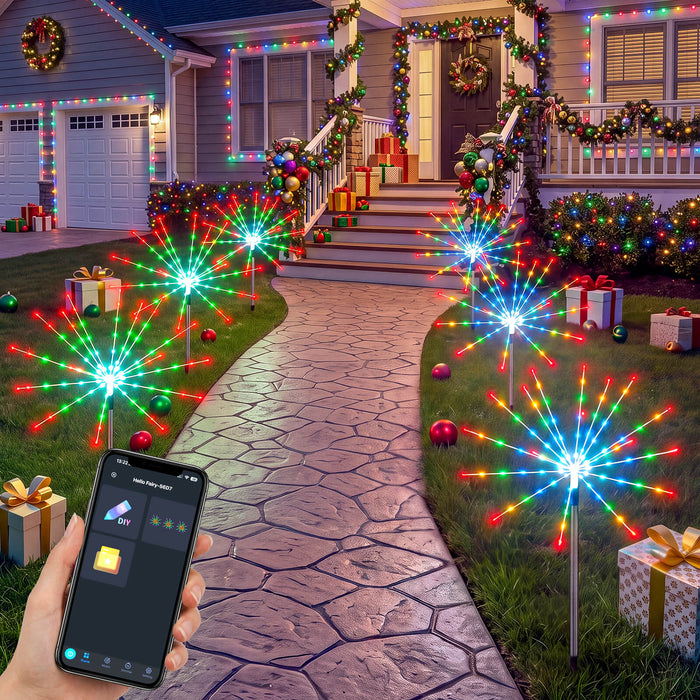 Set of 3 Smart Firework Outdoor Pathway Lights with Programmable RGB Fairy Lights App-controlled