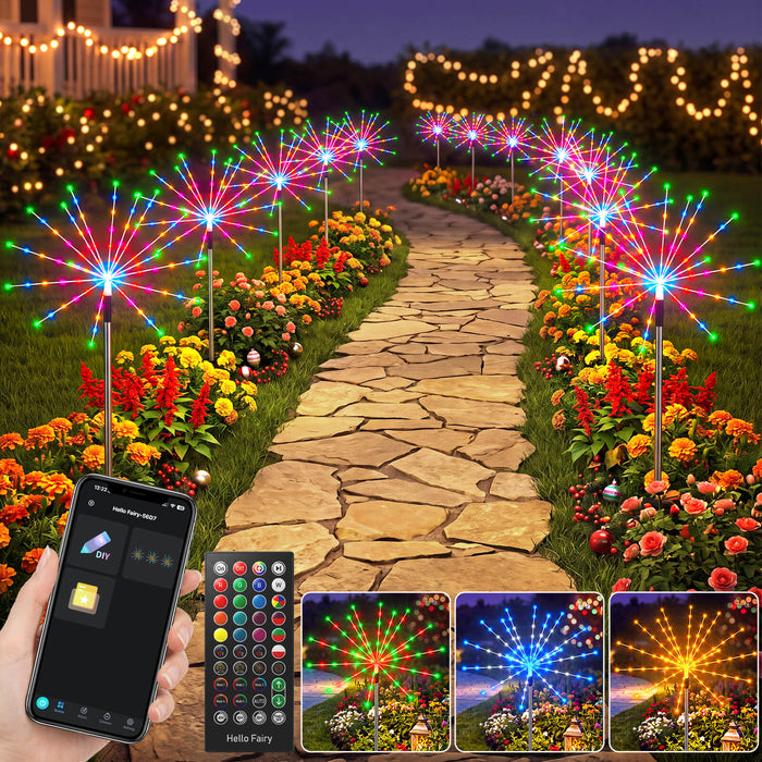 Set of 3 Smart Firework Outdoor Pathway Lights with Programmable RGB Fairy Lights App-controlled