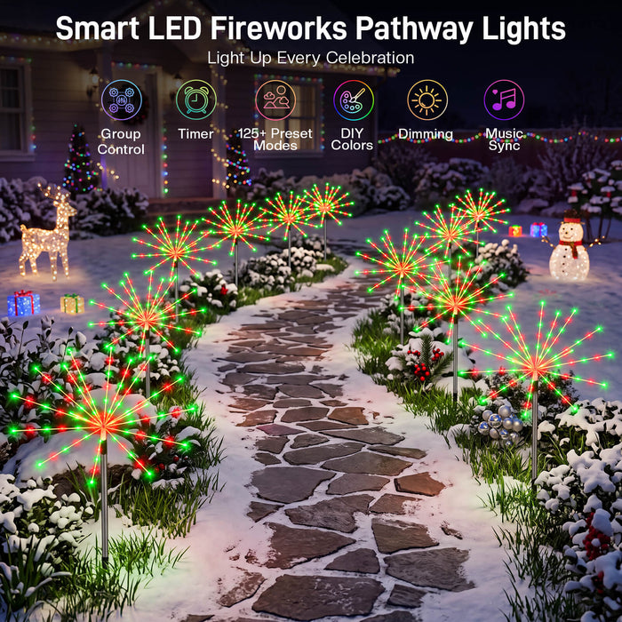Set of 3 Smart Firework Outdoor Pathway Lights with Programmable RGB Fairy Lights App-controlled