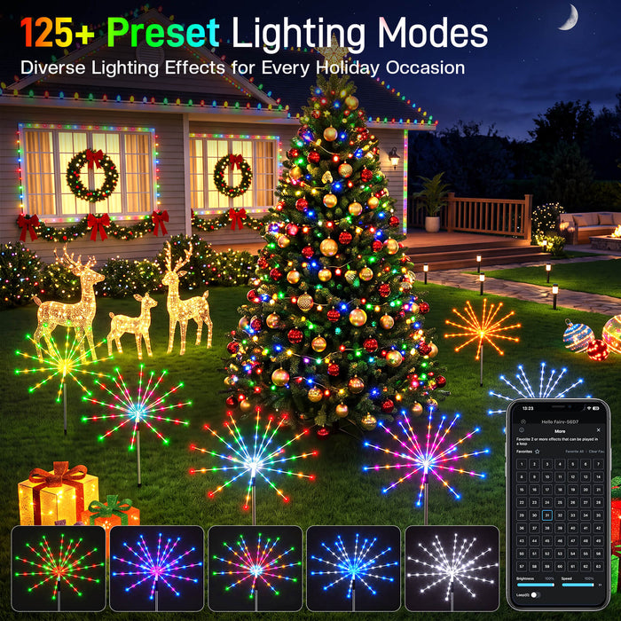 Set of 3 Smart Firework Outdoor Pathway Lights with Programmable RGB Fairy Lights App-controlled