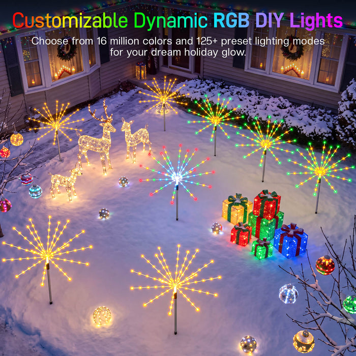 Set of 3 Smart Firework Outdoor Pathway Lights with Programmable RGB Fairy Lights App-controlled