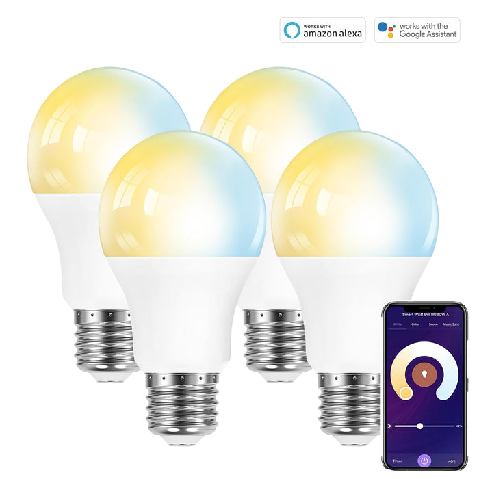 E26 A19 Smart Light Bulbs Warm White Cool White Color 9W - 4 Pack