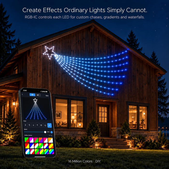 2026 New Smart Waterfall Christmas Light with Topper Star Programmable RGB Multi-color Changing App Controlled
