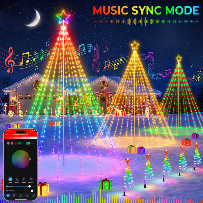 12FT 488LEDs Outdoor Smart Christmas Tree Waterfall Lights with Pole DIY Color Changing App-controlled