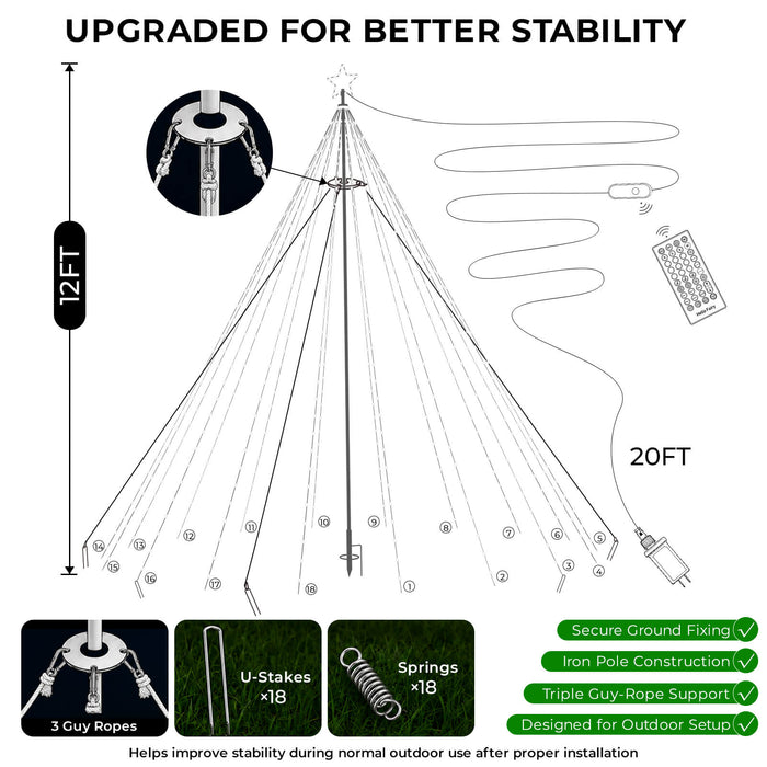 12FT 488LEDs Outdoor Smart Christmas Tree Waterfall Lights with Pole DIY Color Changing App-controlled