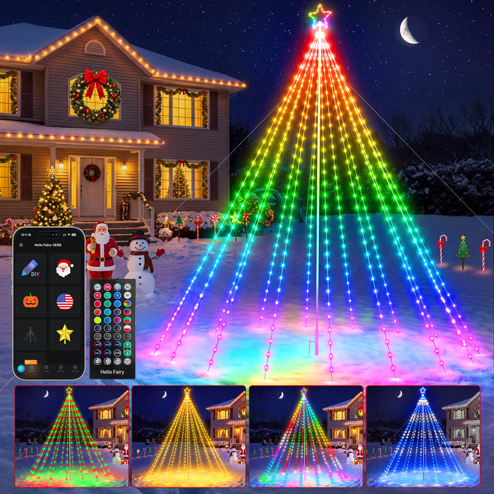 12FT 488LEDs Outdoor Smart Christmas Tree Waterfall Lights with Pole DIY Color Changing App-controlled
