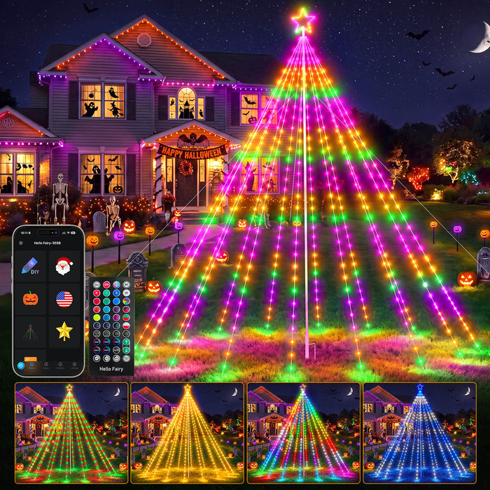 12FT 488LEDs Outdoor Smart Christmas Tree Waterfall Lights with Pole DIY Color Changing App-controlled
