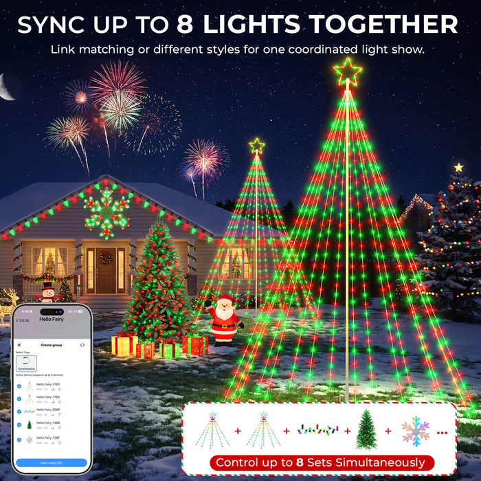12FT 488LEDs Outdoor Smart Christmas Tree Waterfall Lights with Pole DIY Color Changing App-controlled