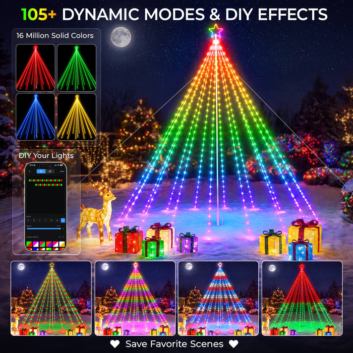 12FT 488LEDs Outdoor Smart Christmas Tree Waterfall Lights with Pole DIY Color Changing App-controlled