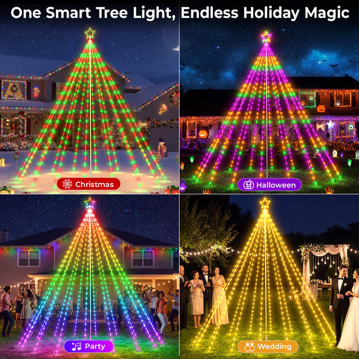 12FT 488LEDs Outdoor Smart Christmas Tree Waterfall Lights with Pole DIY Color Changing App-controlled