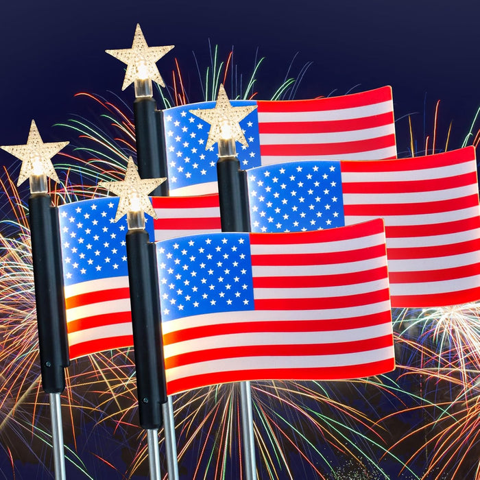 Solar Outdoor American Flag Lights with Five-Star Decoration 4-Pack