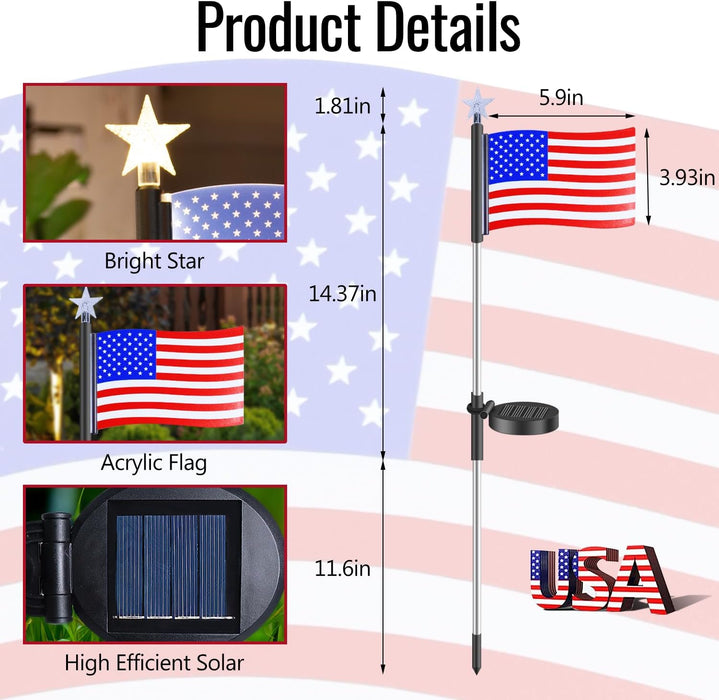 Solar Outdoor American Flag Lights with Five-Star Decoration 4-Pack