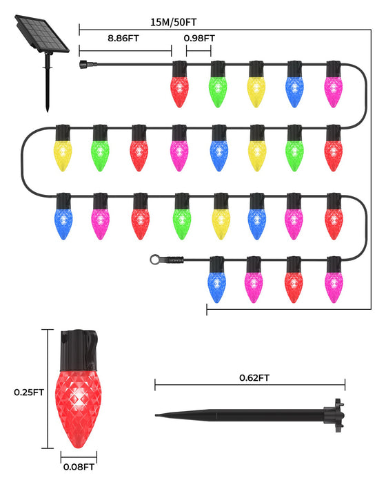 2-in-1 Solar C9 LED Christmas Lights 25 LED with Ground Stakes & Hanging Design