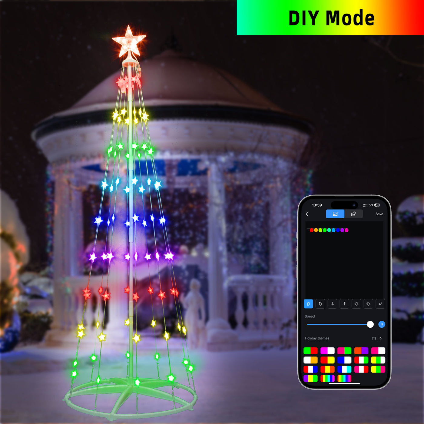 6-ft/7-ft Smart Christmas Cone Tree Star String Lights USB-powered 202 ...