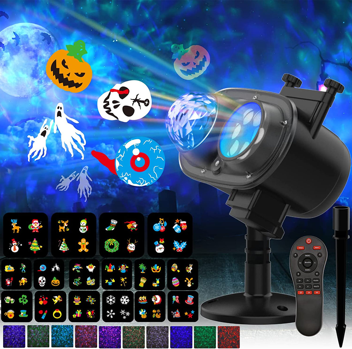 HAKUTA Christmas Projector Lights With 16 Pattern Slides & Remote | Dual Lens HD Wave & Image Projector For Holidays, Parties, Decor